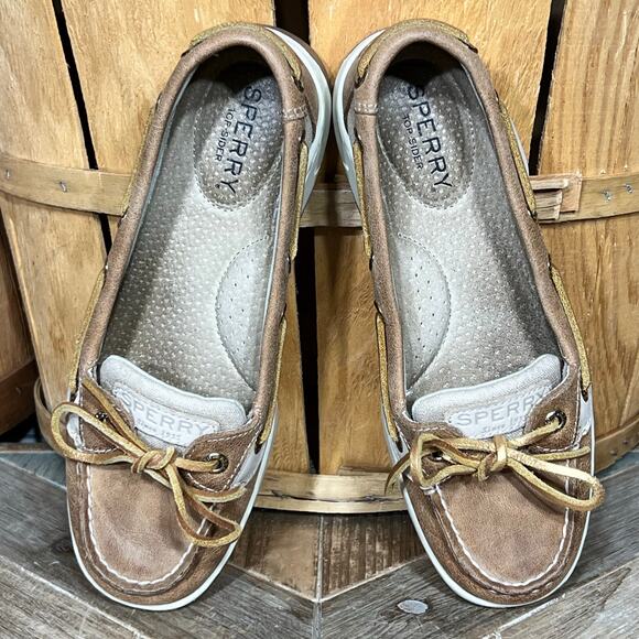 Sperry Angelfish Tan Gold Leather Canvas Lace-Up Boat Shoes Womens Size 5 - Picture 9 of 11